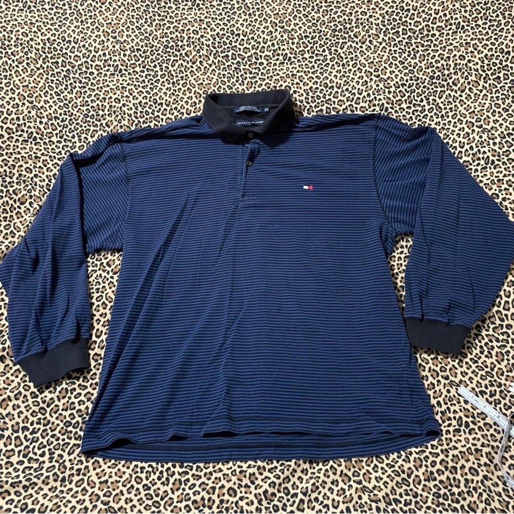 Tommy Hilfiger Polo 2x Collared Long Sleeved Striped Embroidered Flag Retro Blue